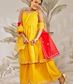 Girl's traditional raksha bandhan outfit - mustard rayon kurta palazzo set with organza dupatta for festival wear