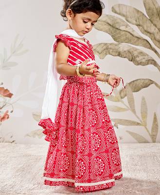 Girl's Traditional Red Cotton Lehenga Set with Embroidery Mirror Work and Dupatta for Wedding Festival Wear (22-30) 4