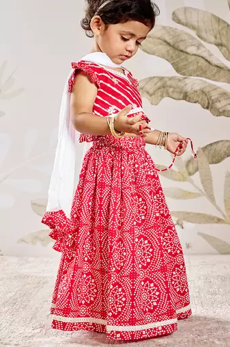 Girl's Traditional Red Cotton Lehenga Set with Embroidery Mirror Work and Dupatta for Wedding Festival Wear (22-30)