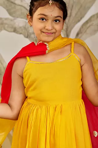 Girl's traditional raksha bandhan outfit - mustard rayon kurta palazzo set with organza dupatta for festival wear