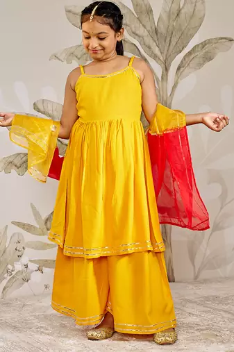 Girl's traditional raksha bandhan outfit - mustard rayon kurta palazzo set with organza dupatta for festival wear