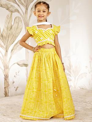 Girl's Traditional Yellow Cotton Lehenga Set with Embroidery Mirror Work and Dupatta for Wedding Festival Wear (22-30) 1