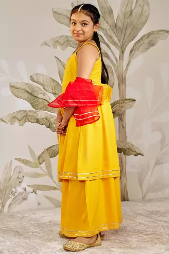 Girl's traditional raksha bandhan outfit - mustard rayon kurta palazzo set with organza dupatta for festival wear