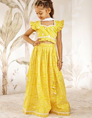 Girl's Traditional Yellow Cotton Lehenga Set with Embroidery Mirror Work and Dupatta for Wedding Festival Wear (22-30) 3