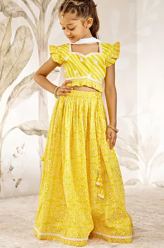 Girl's Traditional Yellow Cotton Lehenga Set with Embroidery Mirror Work and Dupatta for Wedding Festival Wear (22-30)