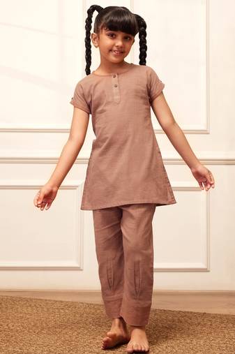 Girl's rose pink cotton yoga kurta set with straight pants for kids (age 9-15 years)