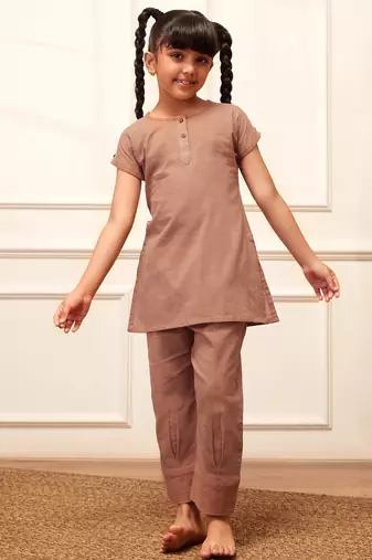 Girl's rose pink cotton yoga kurta set with straight pants for kids (age 9-15 years)
