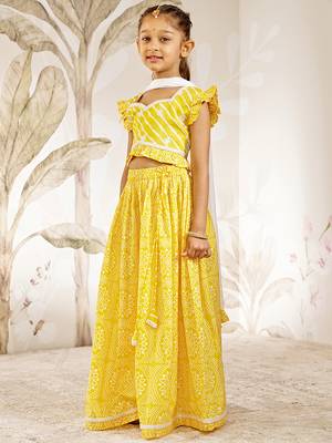 Girl's Traditional Yellow Cotton Lehenga Set with Embroidery Mirror Work and Dupatta for Wedding Festival Wear (22-30) 4