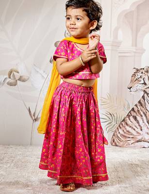 Girl's Traditional Pink Cotton Lehenga Set with Floral Print and Dupatta for Wedding Festival Wear (22-30) 1