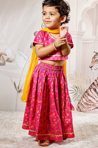 Girl's Traditional Pink Cotton Lehenga Set with Floral Print and Dupatta for Wedding Festival Wear (22-30)