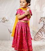 Girl's Traditional Pink Cotton Lehenga Set with Floral Print and Dupatta for Wedding Festival Wear (22-30)