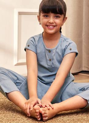 Girl's aqua cotton yoga kurta set with straight pants for kids (age 9-15 years) 1