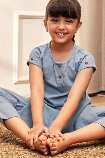 Girl's aqua cotton yoga kurta set with straight pants for kids (age 9-15 years)
