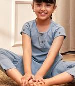 Girl's aqua cotton yoga kurta set with straight pants for kids (age 9-15 years)