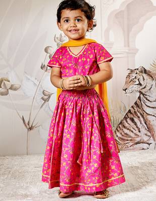 Girl's Traditional Pink Cotton Lehenga Set with Floral Print and Dupatta for Wedding Festival Wear (22-30) 2