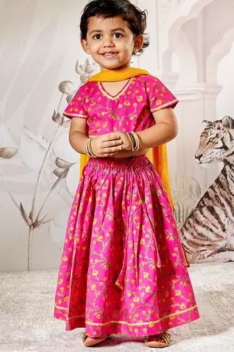 Girl's Traditional Pink Cotton Lehenga Set with Floral Print and Dupatta for Wedding Festival Wear (22-30)