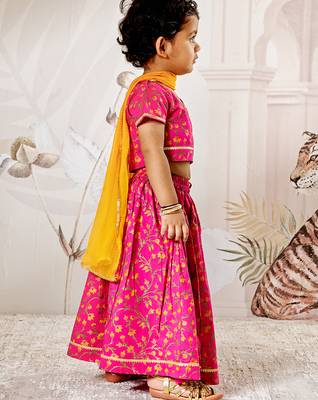 Girl's Traditional Pink Cotton Lehenga Set with Floral Print and Dupatta for Wedding Festival Wear (22-30) 3