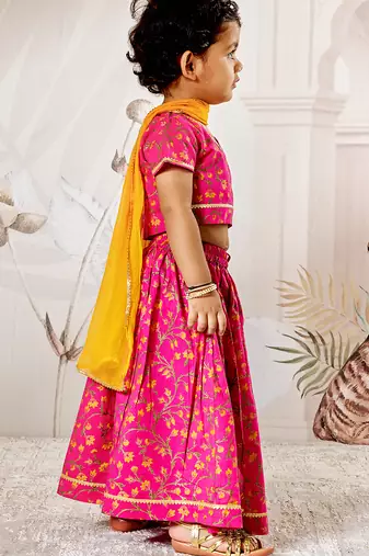 Girl's Traditional Pink Cotton Lehenga Set with Floral Print and Dupatta for Wedding Festival Wear (22-30)