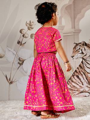 Girl's Traditional Pink Cotton Lehenga Set with Floral Print and Dupatta for Wedding Festival Wear (22-30) 4