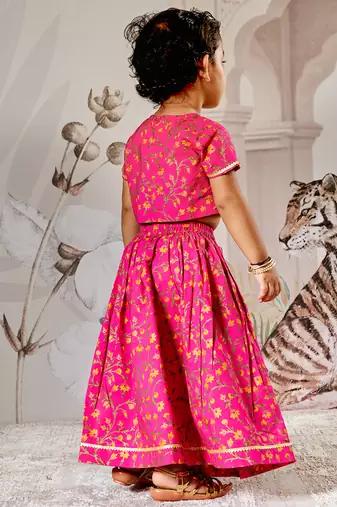 Girl's Traditional Pink Cotton Lehenga Set with Floral Print and Dupatta for Wedding Festival Wear (22-30)