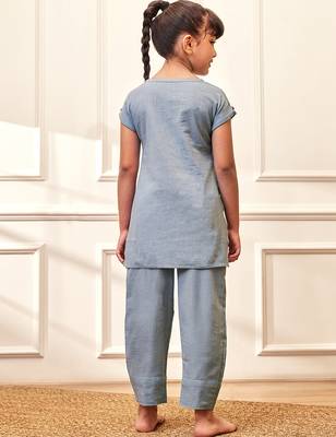 Girl's aqua cotton yoga kurta set with straight pants for kids (age 9-15 years) 4