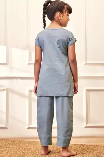 Girl's aqua cotton yoga kurta set with straight pants for kids (age 9-15 years)