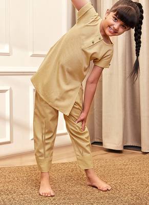 Girl's chiku cotton yoga kurta set with straight pants for kids (age 9-15 years) 1