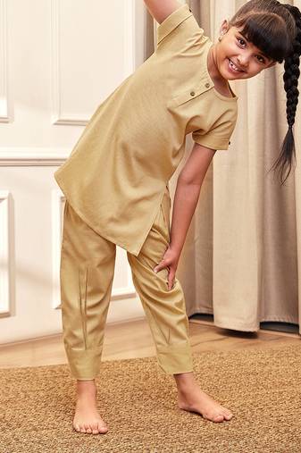 Girl's chiku cotton yoga kurta set with straight pants for kids (age 9-15 years)