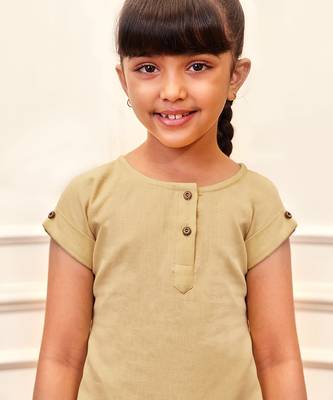 Girl's chiku cotton yoga kurta set with straight pants for kids (age 9-15 years) 2