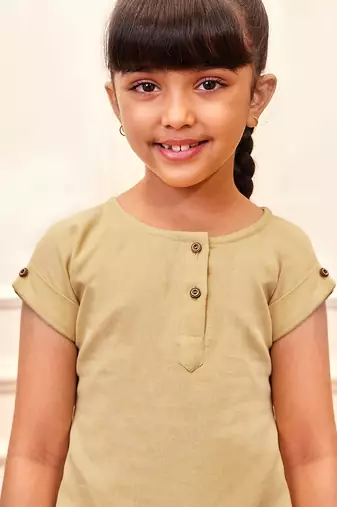 Girl's chiku cotton yoga kurta set with straight pants for kids (age 9-15 years)