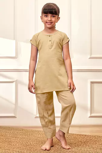 Girl's chiku cotton yoga kurta set with straight pants for kids (age 9-15 years)