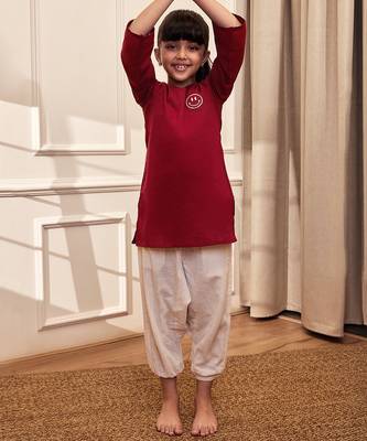 Girl's maroon embroidered cotton yoga kurta set with white harem pants (age 9-15 years) 1