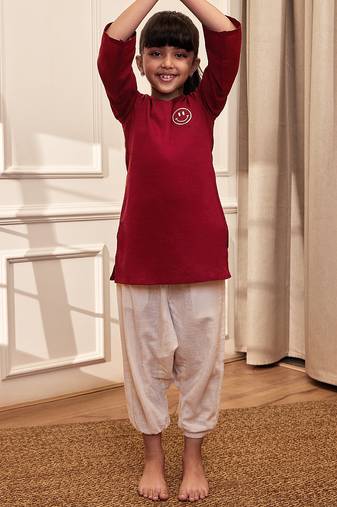 Girl's maroon embroidered cotton yoga kurta set with white harem pants (age 9-15 years)