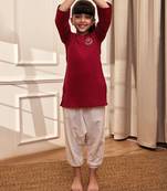 Girl's maroon embroidered cotton yoga kurta set with white harem pants (age 9-15 years)
