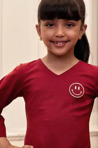 Girl's maroon embroidered cotton yoga kurta set with white harem pants (age 9-15 years)