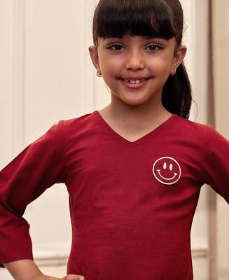 Girl's maroon embroidered cotton yoga kurta set with white harem pants (age 9-15 years) 3