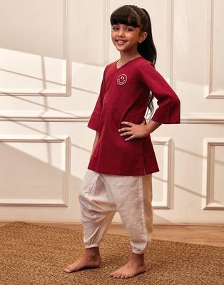 Girl's maroon embroidered cotton yoga kurta set with white harem pants (age 9-15 years) 4