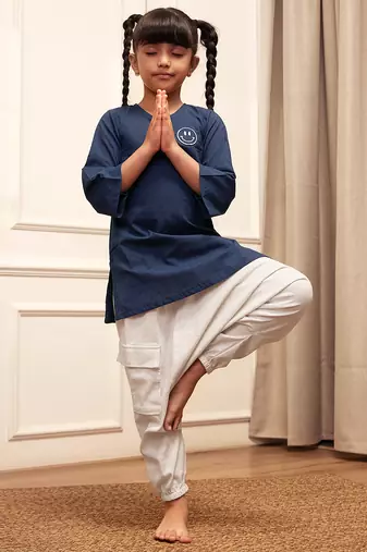Girl's navy blue embroidered cotton yoga kurta set with white harem pants (age 9-15 years)