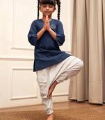 Girl's navy blue embroidered cotton yoga kurta set with white harem pants (age 9-15 years)