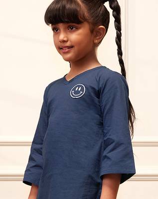 Girl's navy blue embroidered cotton yoga kurta set with white harem pants (age 9-15 years) 2