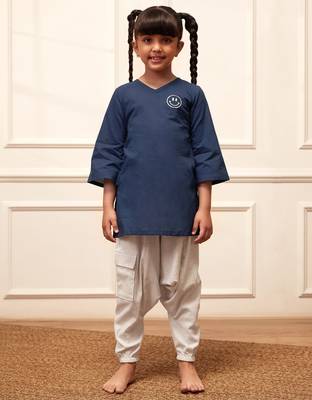 Girl's navy blue embroidered cotton yoga kurta set with white harem pants (age 9-15 years) 3