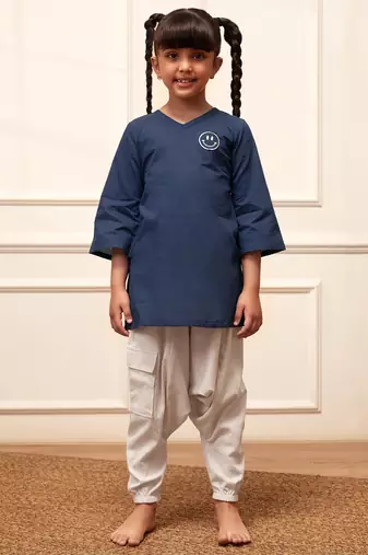 Girl's navy blue embroidered cotton yoga kurta set with white harem pants (age 9-15 years)