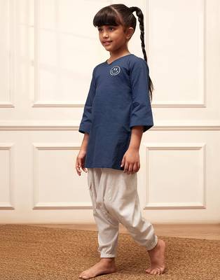 Girl's navy blue embroidered cotton yoga kurta set with white harem pants (age 9-15 years) 4