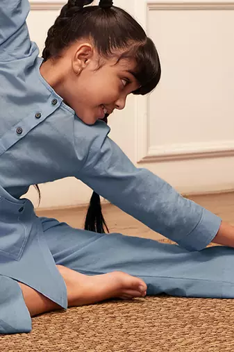 Girl's aqua cotton kurta set with kantha embroidery