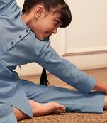 Girl's aqua cotton kurta set with kantha embroidery