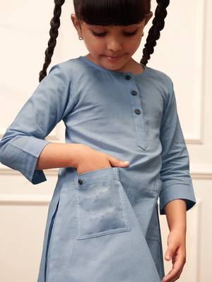 Girl's aqua cotton kurta set with kantha embroidery 2