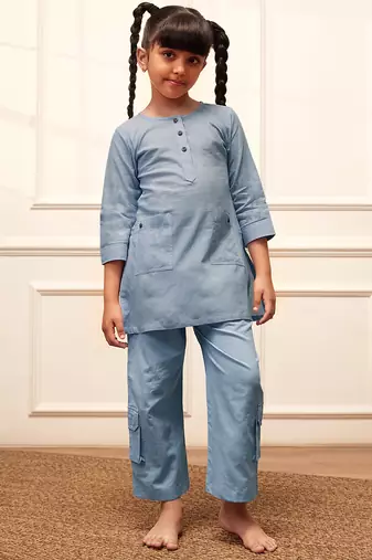 Girl's aqua cotton kurta set with kantha embroidery
