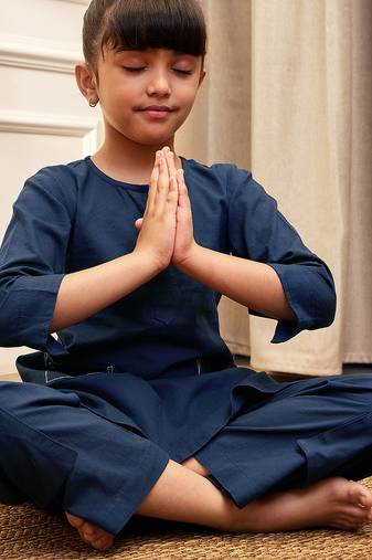 Girl's navy blue cotton kurta set with kantha embroidery