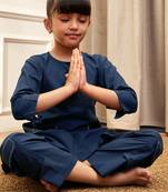 Girl's navy blue cotton kurta set with kantha embroidery