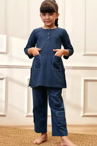 Girl's navy blue cotton kurta set with kantha embroidery